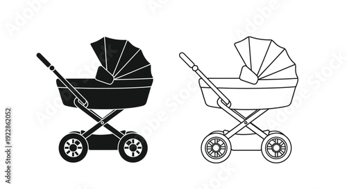 Black and white line art depictions of baby carriages or strollers
