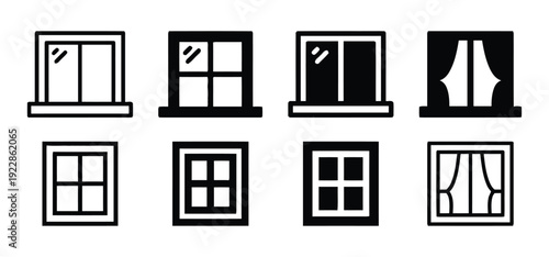 Window icons with different panes and curtain styles