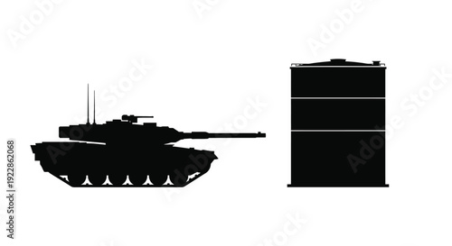 Silhouetted tank and building illustration in a minimalist style