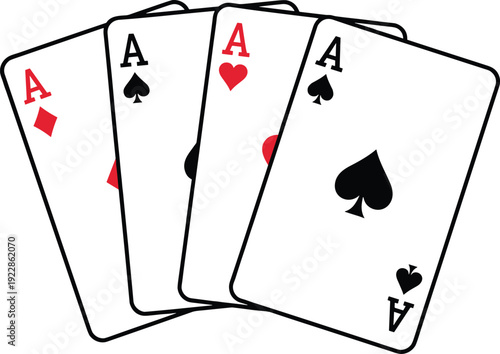 Four Aces Playing Cards Illustration, Poker Hand Casino Concept with Ace of Spades Hearts Diamonds Clubs, Isolated Vector Graphic for Gambling Design