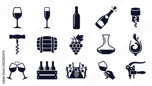 Wine and beverage icons collection with glasses bottles and grapes