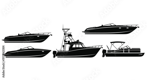 Silhouettes of various motorboats and a fishing boat displayed in black