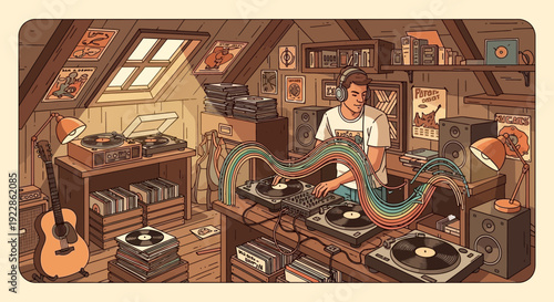 Young man with headphones mixing music on turntables in a cozy attic studio.