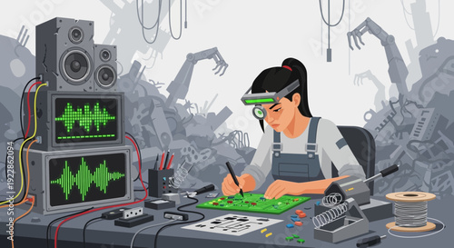 Young woman engineer meticulously soldering circuit board with precision tools.