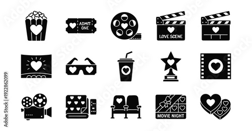 Romantic cinema icons set with popcorn ticket and film reel