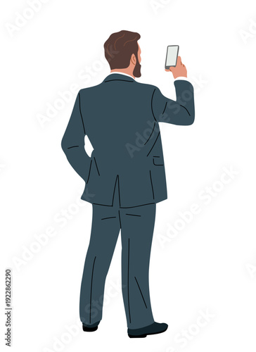 Business man in a dark blue suit holding a smartphone, viewed from behind. Minimalist style Flat vector illustration isolated on transparent background with clean lines and muted colors.
