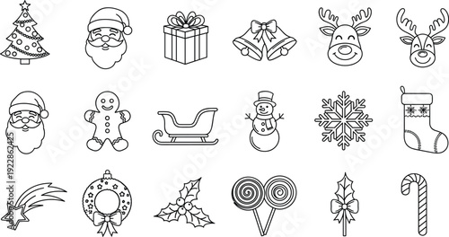 Set of Christmas line art icons featuring Santa Claus, reindeer, snowman, gingerbread man, and holiday decorations for festive winter coloring.
