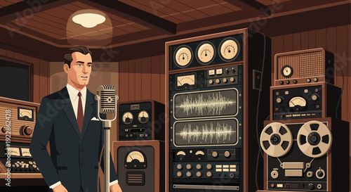 A man in a suit standing in a vintage recording studio.
