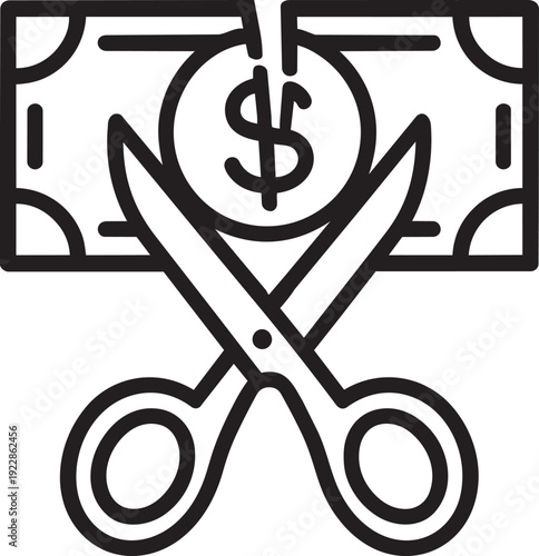 Minimalist line drawing of scissors cutting a paper dollar banknote representing corporate financial income tax deduction