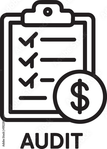 Professional line icon of an audit checklist clipboard with a dollar coin for business financial inspection
