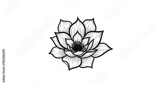 Detailed black and white illustration of a blooming lotus flower design