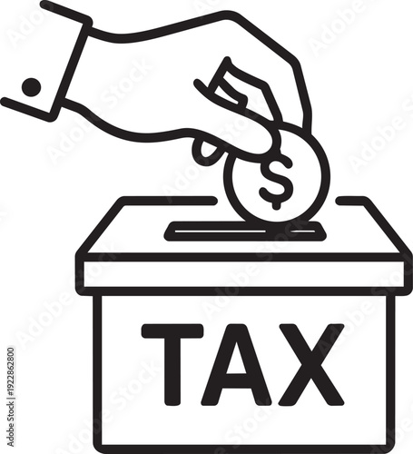 Simple outline vector illustration of a human hand dropping a coin into a government tax collection box