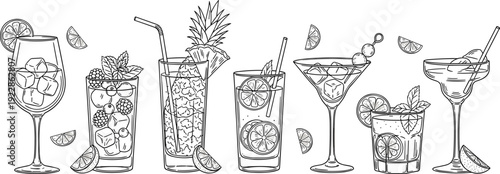 Collection of hand drawn summer cocktail and refreshing drink illustrations featuring tropical garnishes, ice cubes, fruit slices, and elegant glassware.