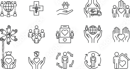 Charity and volunteer line icon set featuring community support symbols like hearts, helping hands, donations, global care, and humanitarian aid.