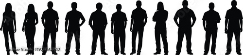 People silhouettes standing in a row, diverse individuals lineup concept for community and teamwork isolated on white background