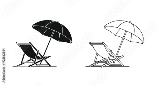 Two beach chair and umbrella illustrations in black and white