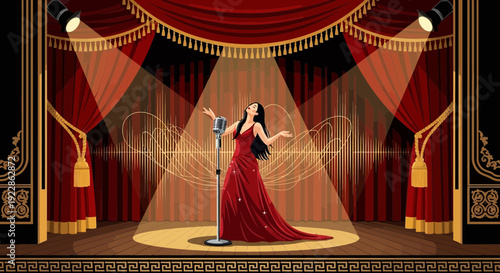 Elegant female singer performing on stage in a red gown.