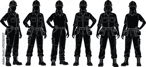 Female construction worker silhouettes wearing safety helmet uniform standing engineer builder contractor profession vector set isolated on white
