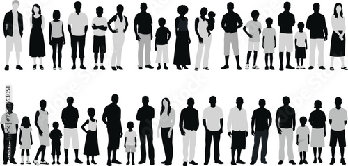 Diverse people silhouettes set representing multicultural community, men women and children standing together, diversity and inclusion concept isolated on white