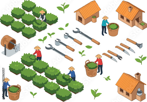 Gardeners tending plants in a lush garden landscape with gardening tools and wooden houses surrounding the scenery from an aerial viewpoint
