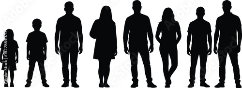 People silhouettes in different ages standing together, representing growth, diversity and generational stages isolated on white background