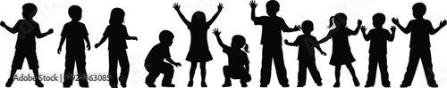 Children silhouettes set with playful poses, kids standing, jumping and interacting, childhood activity concept isolated on white background