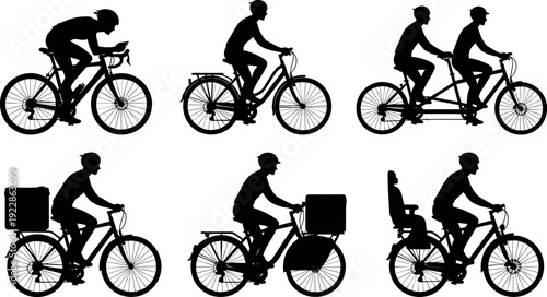 Bicycle silhouette set featuring professional road cyclist, city commuter, food delivery rider with cargo box, tandem bike, and parent with child seat.