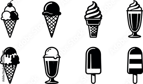 Black ice cream silhouette collection featuring waffle cones soft serve scoops popsicles and milkshakes isolated on white background for summer dessert menu design