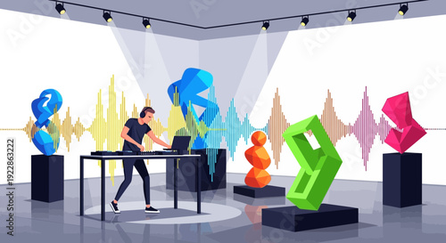 Man DJing in a modern art gallery with colorful abstract sculptures.