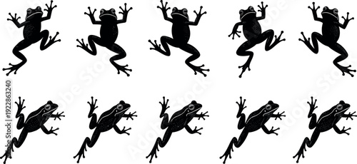 Black frog silhouette vector icon set featuring climbing tree frogs and leaping amphibians for nature, wildlife, biology, and tropical pond environment designs.