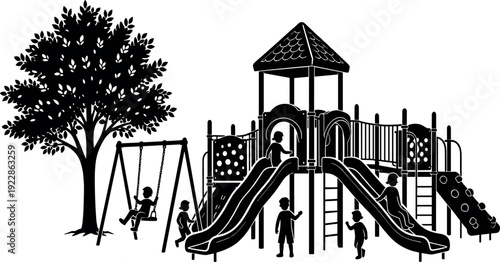 Black playground silhouette vector illustration featuring kids playing on slides, swings, and climbing frames under a large leafy tree in a park.