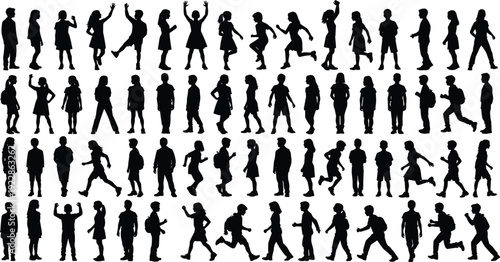 Collection of children silhouettes in various poses, active kids playing, walking and running, childhood lifestyle set isolated on white background