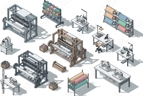Industrial machines and equipment for printing and manufacturing processes in a factory setting viewed from above