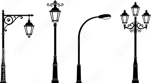 Black street lamp silhouette vector icon set featuring vintage lanterns, antique wrought iron lamp posts, and modern urban city road lighting.