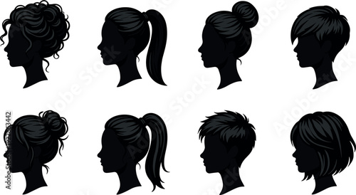 female hair silhouette profile icons featuring various hairstyles including ponytail bun 