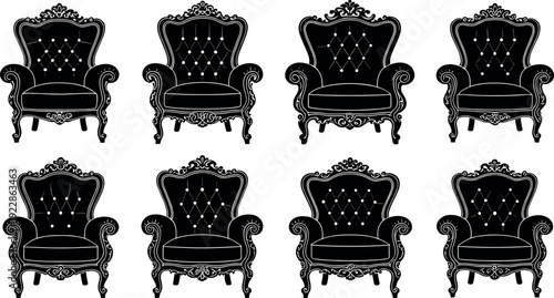 Collection of classic armchair silhouettes with ornate baroque details featuring luxury tufted upholstery and elegant vintage throne chairs for interior design vector