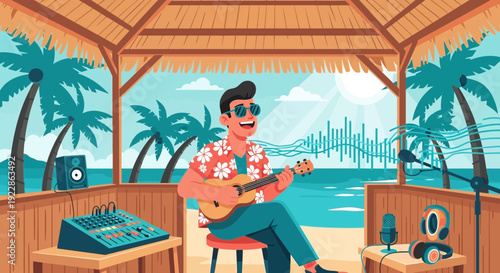 Man playing ukulele in a tropical setting.