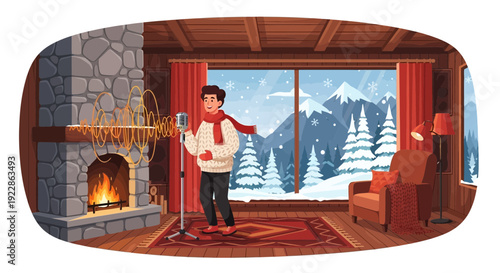 Man singing into a microphone in a cozy winter cabin.
