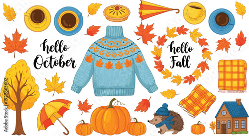 Hello October Autumn Elements Set With Pumpkin Sweater Leaves And Cozy Fall Decorations
