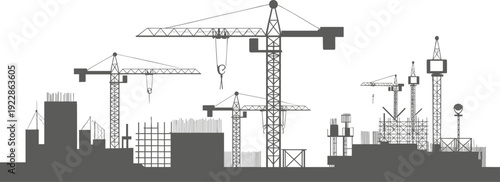 Construction site skyline vector illustration with tower cranes buildings scaffolding and urban development industrial silhouette design background
