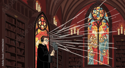 Monk in a library with light rays.