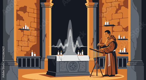 Monk in a brown robe standing at a lectern reading from a book.