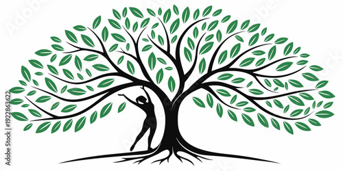 A majestic tree with sprawling branches and lush green foliage against a plain background