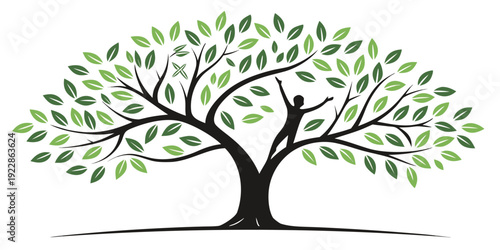 A majestic tree with sprawling branches and lush green foliage against a clear sky.