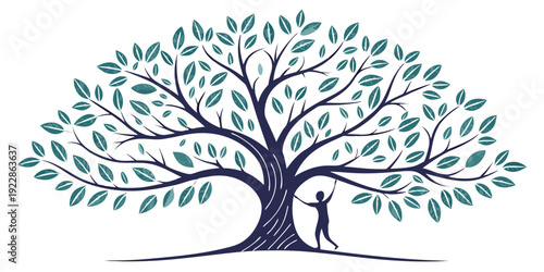 A majestic tree with sprawling branches and vibrant green foliage against a light background