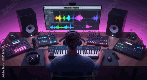 Music producer creating beats in a professional home studio setup.