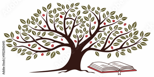 Ancient tree symbolizing wisdom and knowledge with an open book at its roots