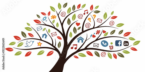 Creative tree illustration showcasing diverse digital and social media icons as leaves