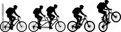 Set of black cyclist silhouettes featuring mountain bikers riding tandem bicycle performing wheelie and traveling with backpacks isolated on white background vector