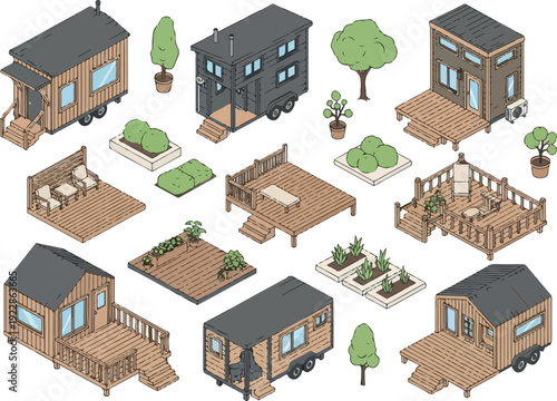 Set of modern tiny homes and gardens in various layouts and designs from an isometric viewpoint